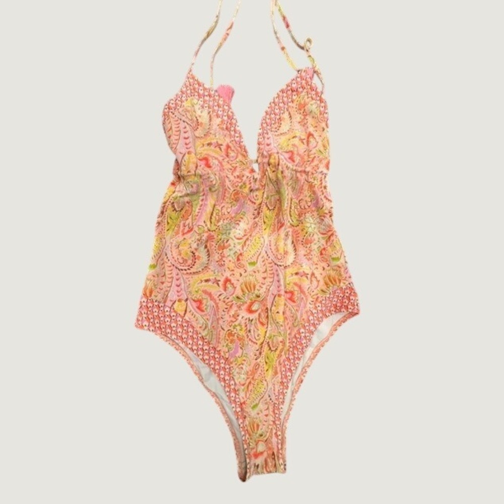 Victoria's Secret One Piece Swimsuit Women Medium Pink Paisley Tassel Halter